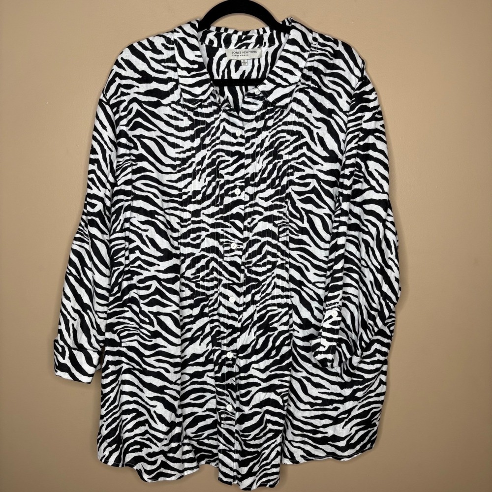 Jones New York Sport Woman 3X Zebra Print 100% Linen Pintuck Button Down Shirt